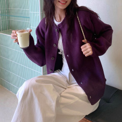 超显白紫色毛衣开衫外套女秋季休闲宽松针织开衫上衣2025新款女装