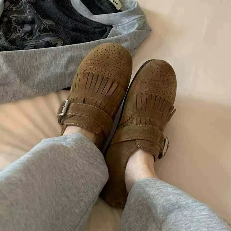 羊皮版~复古小众流苏皮带扣圆头丑萌勃肯平底单鞋女秋冬季乐福鞋|undefined