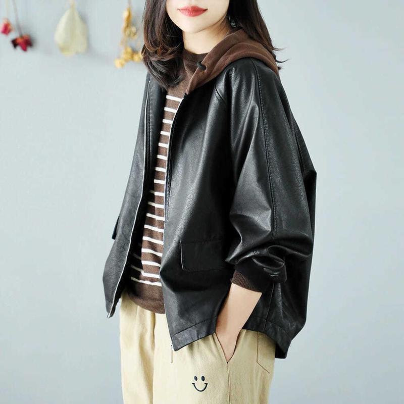 连帽皮衣外套女2025秋冬新款大码宽松夹棉棒球服百搭休闲夹克上衣|undefined
