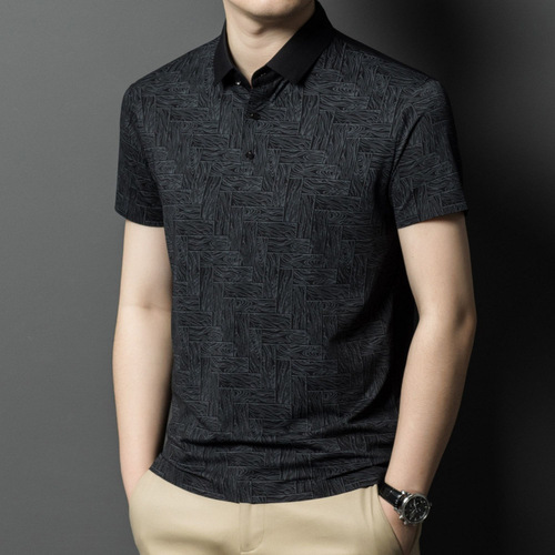 Summer Ice Silk Men's Short Sleeve High-End New Business Casual Collar Thin Breathable T-shirt