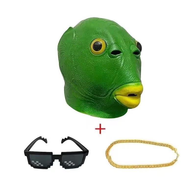 Fábrica directa tiktok mismo estilo cabeza de pescado cubierta máscara verde cabeza pescado hombre lindo divertido arena talla verde cabeza monstruo animal