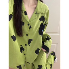撞色小猫咪睡衣女春秋季云朵棉长袖长袖开衫家居服套装小红书批发