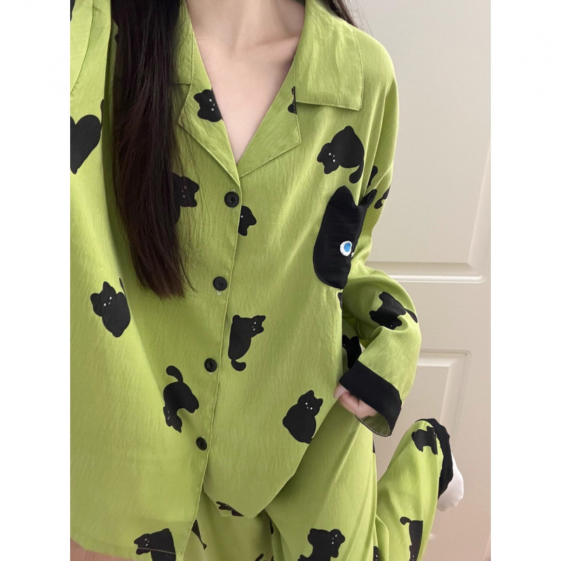 撞色小猫咪睡衣女春秋季云朵棉长袖长袖开衫家居服套装小红书批发|undefined