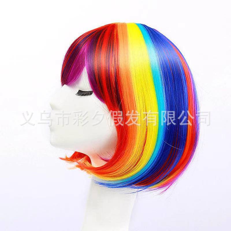 Peluca de Halloween mujer verano Arco Iris anime peluca onda colorida Pelo Corto pelo de Estudiante no convencional
