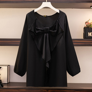 300 Jin Large Size Women's Spring New Product Plus Fat Sister Design Sense Top Bow Women's Shirt 63358