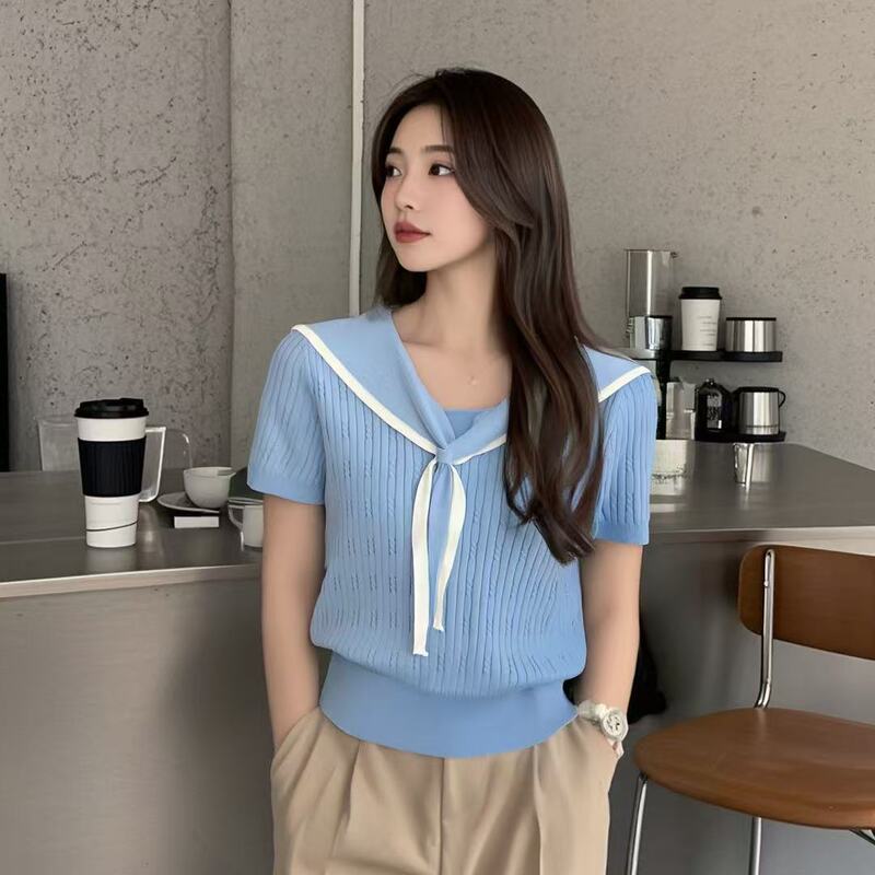 New Summer Design Niche Fashion Top Short-Sleeved Knitwear Women's Thin Elegant Slimming Look Navy Collar T-Shirt