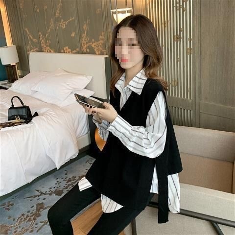 Spring Korean Style Black 0 Vertical Strip New Fashion Shirt Vest Two-Piece Set for Women 202 Top Collar Pullover Style