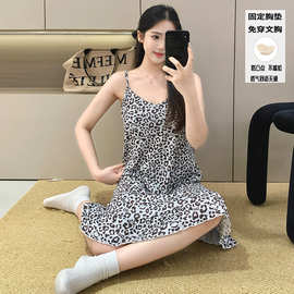 夏季新款女吊带睡裙四面弹仿棉透气甜美风带固定胸垫款