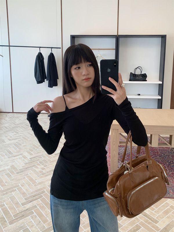 誉一新款2025秋季甜辣风斜肩长袖t恤女开叉微透显瘦上衣女c240538|undefined