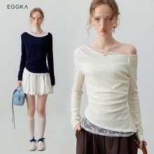 秋季米白一字肩侧收褶拼接蕾丝长袖打底衫女设计辣妹修身上衣