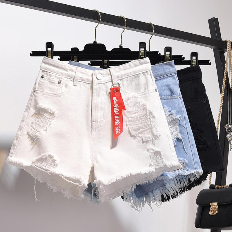 ハイウエストの白いデニムの半ズボンの女性の夏の新型のゆったりした穴のギャルの大きいサイズの広い足の薄いタイプのa字の熱いズボン|undefined
