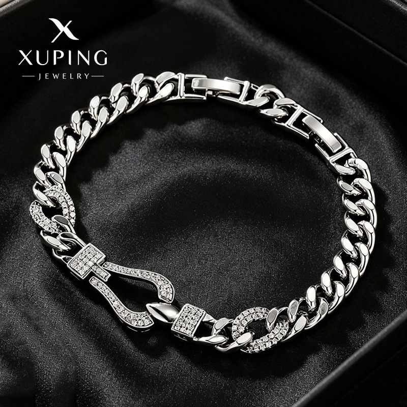 Nueva pulsera de cadena cubana para hombre de Xuping, de aleación de moda, chapada en blanco, con gemas artificiales, estilo europeo y americano.