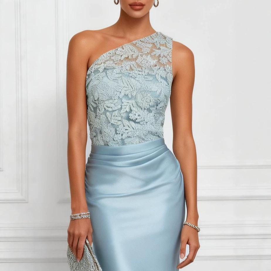 Summer Collection High-End Satin Evening Gown One Shoulder Design Sheer Mesh Panels Women's Fashion Dress_ecoleips.com