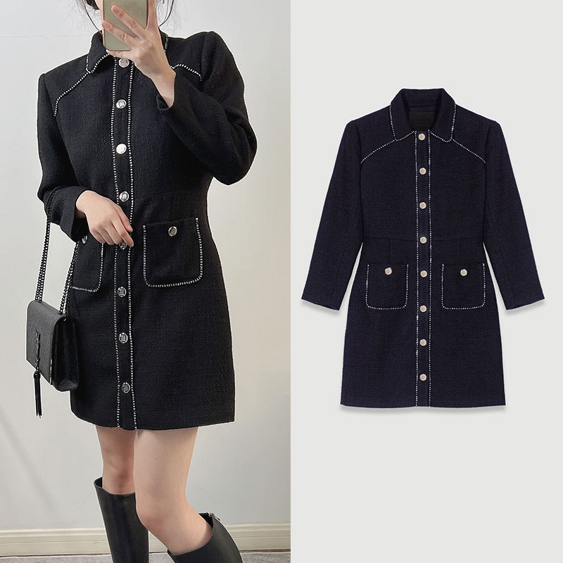 HOUSE 24 spring new chain edge tweed letter button single-breasted slim square collar dress women