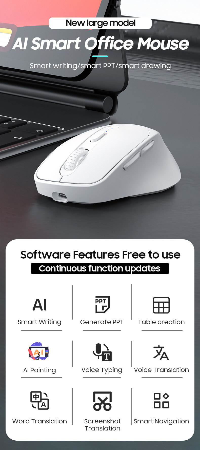 Cross-border smart translation mouse, voice input, wireless Bluetooth, silent, multi-language translation, charging translation mouse full figure