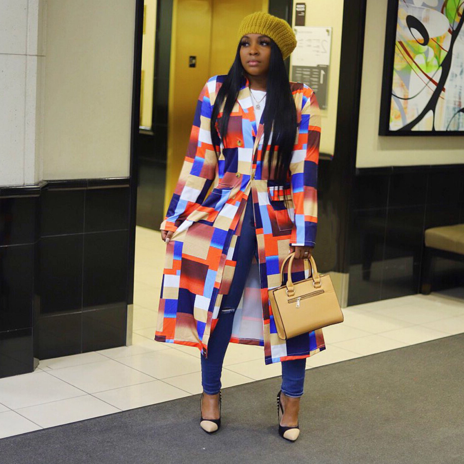 Women's Coat Autumn Winter Plaid Double Breasted Lapel Windbreaker_voghion.com