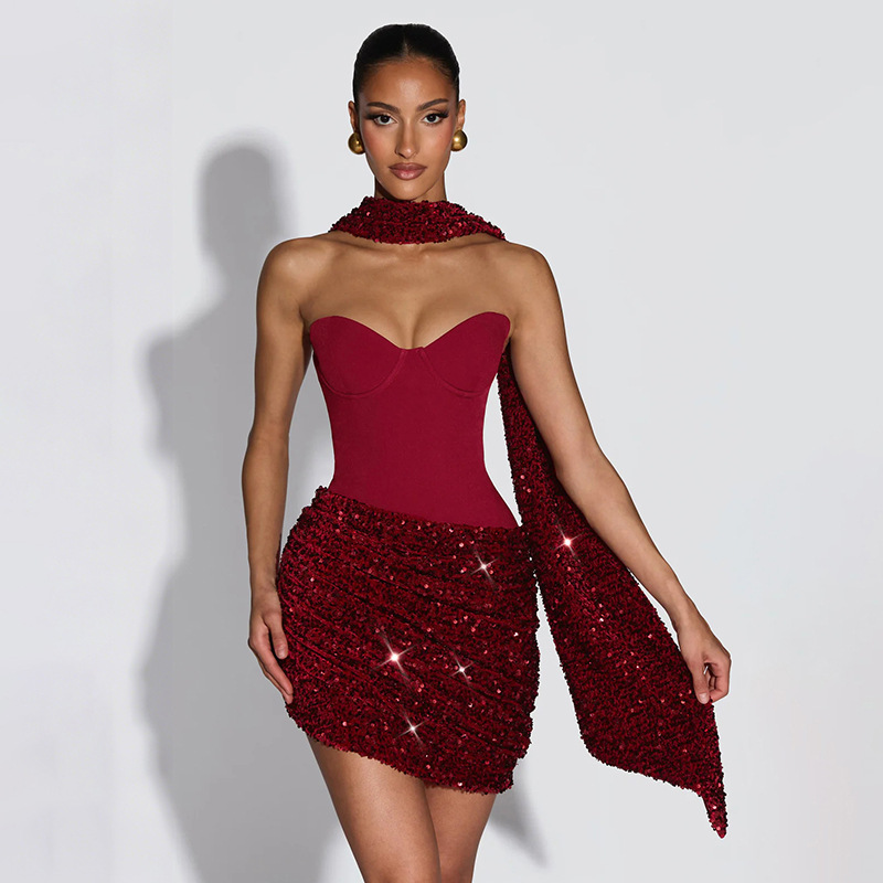 J25Ds459 European and American Women's Fashion Autumn and Winter New Sexy Halter Neck Ribbon Asymmetrical Pleated Draped Mini Dress