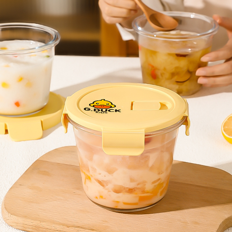 Glass Soup Bowl Household Large Soup Cup with Lid Portable Sealed Lunch Box for Students and Office Workers Microwave Oven Resistant to Lingzhi