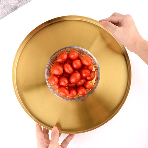 Nordic ins style light luxury storage disc gold stainless steel round straight edge tray cosmetics jewelry tea tray