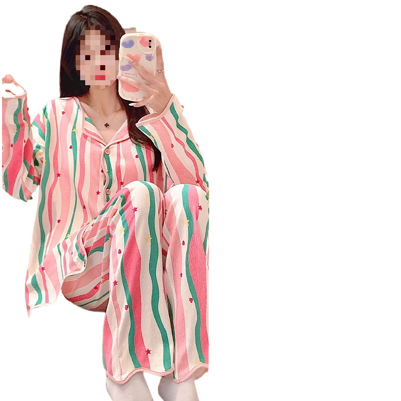 가슴 패드가 달린 100% 순수한면 새로운 잠옷 여성의 봄과 가을 카디건 작은 옷깃 바깥 옷을 입고 가을과 겨울 집 옷 세트