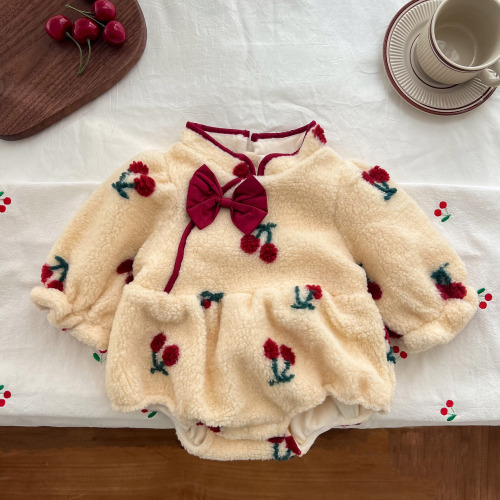 Winter Baby Outfit  Newborn Girl's Onesie with Fleece Warm Bodysuit Diaper Cover for Girls Winter