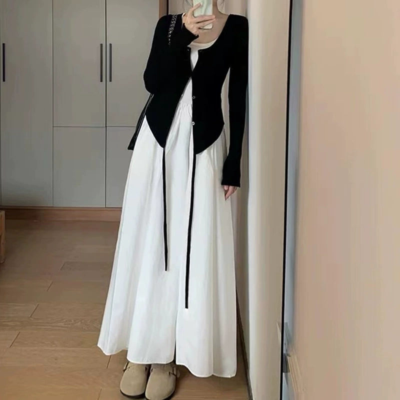 Autumn Women's Dress Set, Korean Style Long Skirt with Cardigan, Lightweight Layering