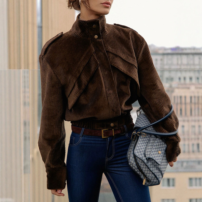 New winter motorcycle-style brown jacket for women, stylish and casual corduroy coat 2026 for cross-border commuting New winter motorcycle-style brown jacket for women, stylish and casual corduroy coat 2026 for cross-border commuting