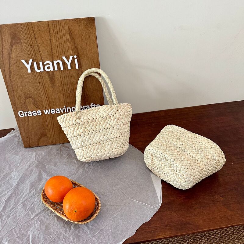 Cute Straw Bag for Women Summer New Handmade Corn Husk Woven Vegetable Basket Handbag Seaside Photo Beach Bag