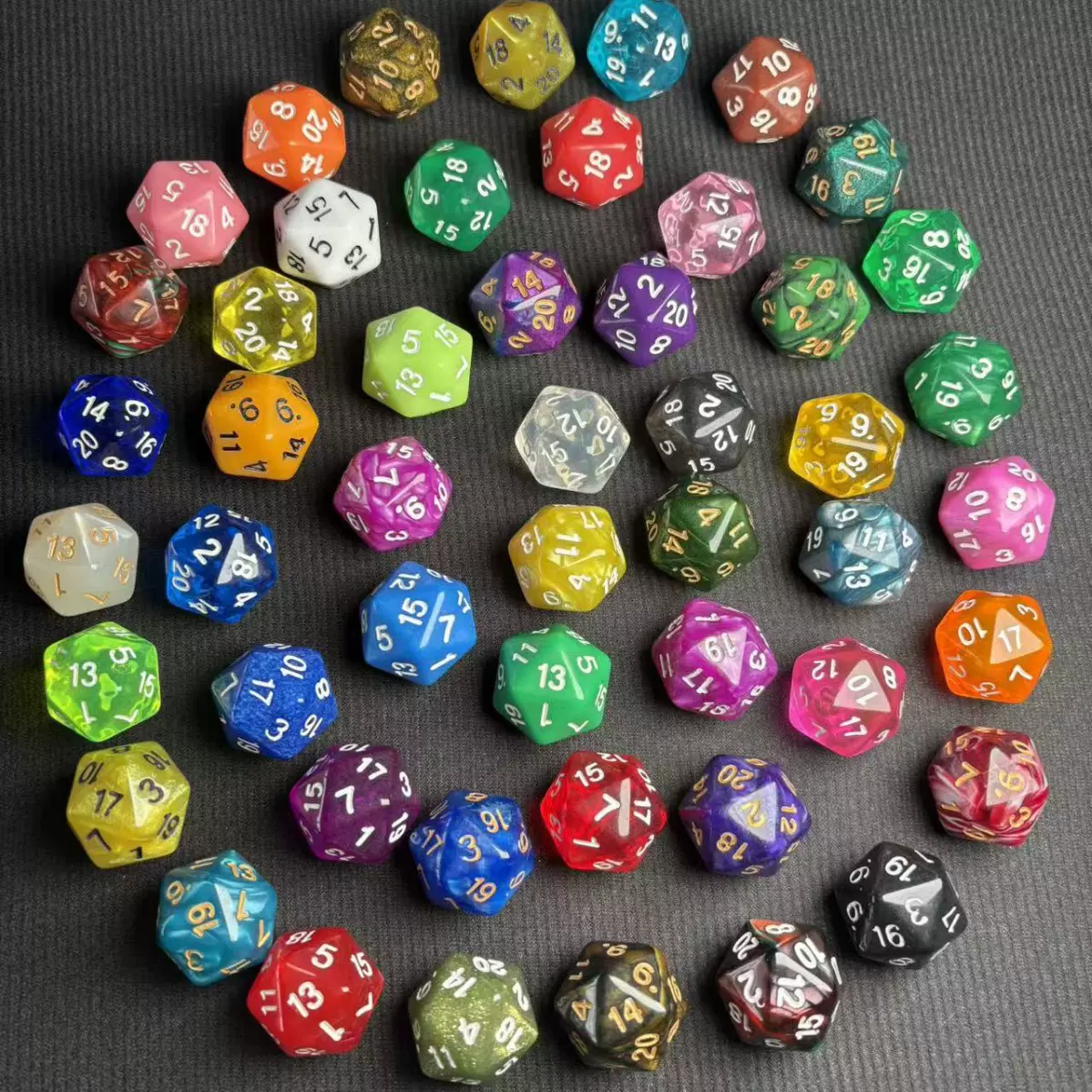 20面实色透明珍珠纹双色金粉珠光纹大理石纹彩色色子投子骰子水晶