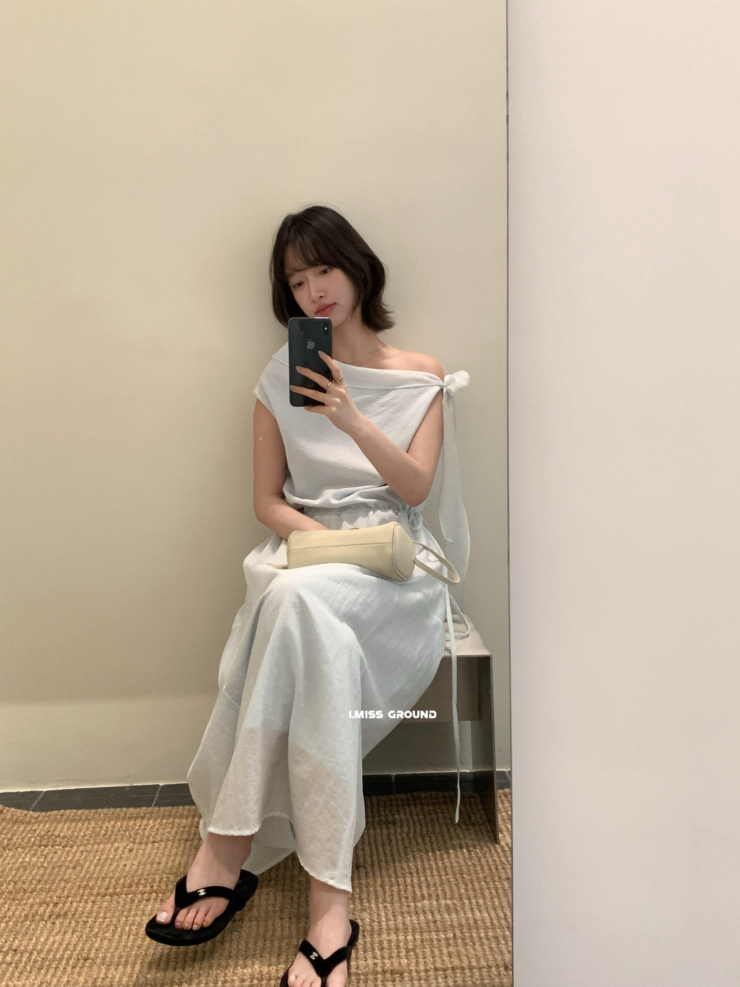 Đầm maxi nữ thắt eo phong cách Pháp cổ điển, tay lệch vai, dáng chữ A, tôn dáng — xanh lam, màu trắng, Bột cam chi tiết 6
