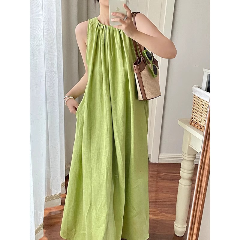 Resort Style Lime Green Sleeveless Vest Dress Women's Summer New Style Vertical Tailoring Romantic Girl Mid-Length Skirt Resort Style Lime Green Sleeveless Vest Dress Women's Summer New Style Vertical Tailoring Romantic Girl Mid-Length Skirt