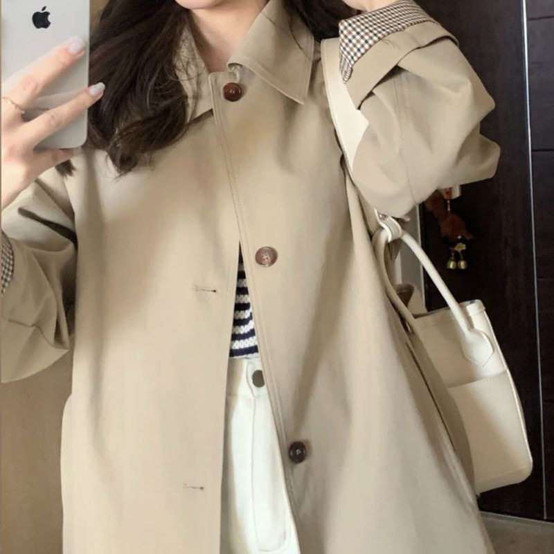 Áo khoác trench coat nữ dáng trung bình cổ vuông tay dài phong cách thanh lịch — Kaki, màu đen