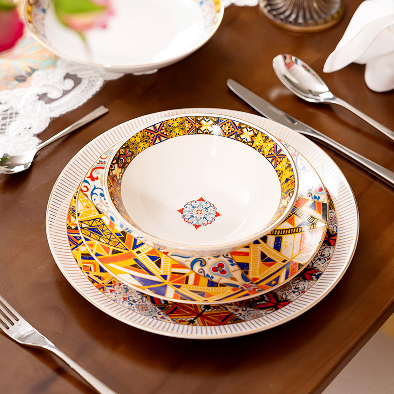 Palace Style Four-piece Tableware Set Mediterranean Reverie Phnom Penh Light Luxury Palace Style Ceramic Bowl Steak Dinner Plate