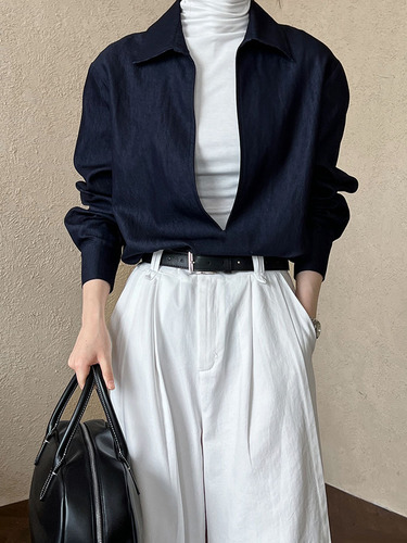 Luxi light mature long-sleeved V-neck shirt for women 2025 autumn new fashionable imitation denim overlap top 8696