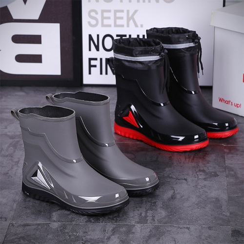 Men's New Fashion Slip-on Rain Boots Short Leg Waterproof Mid-Calf Rain Boots Short Water Shoes with Fleece Work Outdoor Cross-border