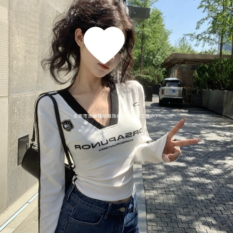 美式辣妹撞色字母复古打底印花长袖秋季运动恤显瘦修身短款上衣|undefined
