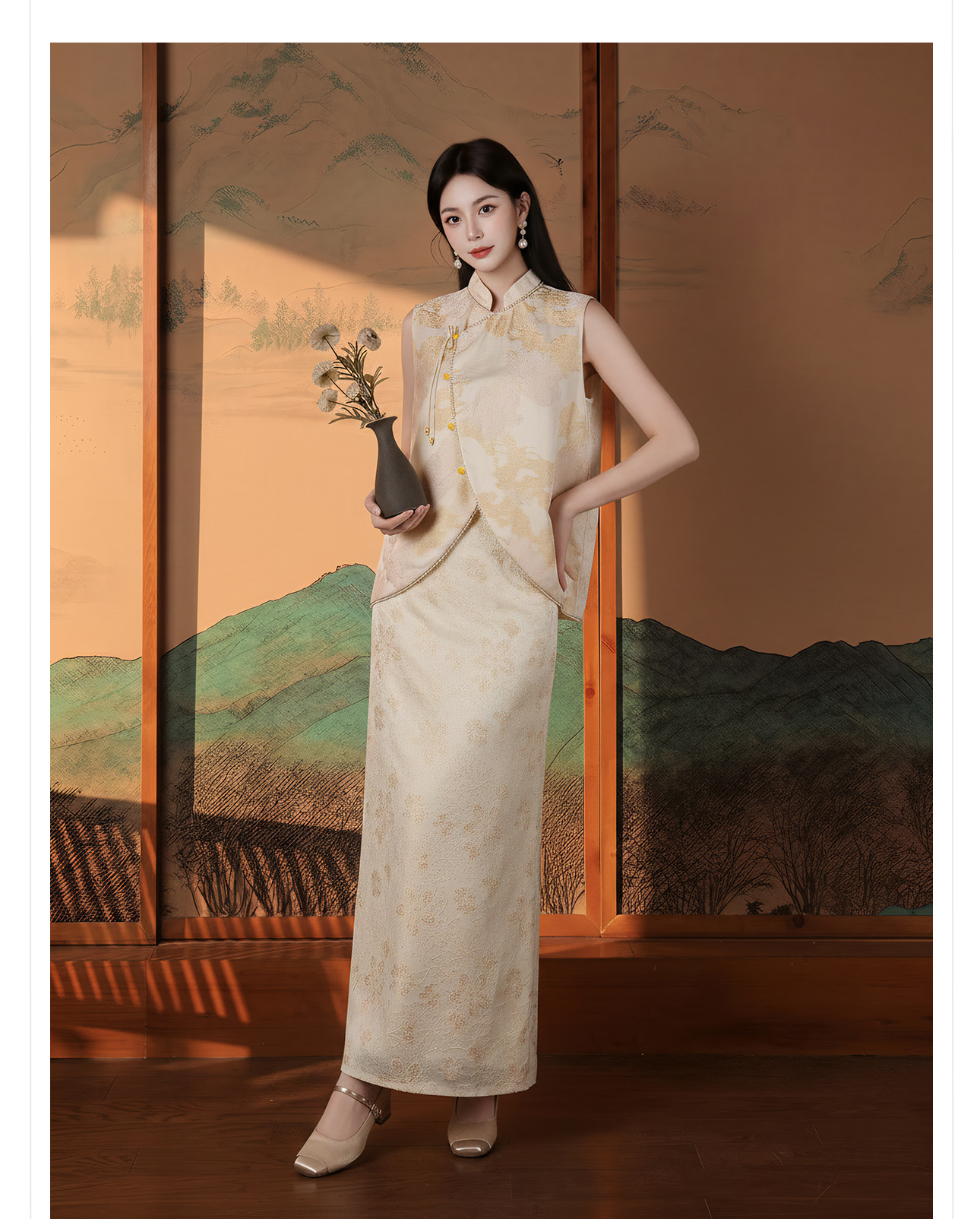 Set áo khoác gile + chân váy/quần dài nữ Tân Trung Hoa họa tiết in hoa vải nhuộm thực vật — Bộ [Áo khoác trắng bạc + Chân váy hồng đào], Bộ [Áo khoác trắng bạc + Quần dài trắng kem], Váy nửa màu hạnh nhân, Vàng trắng chi tiết 6