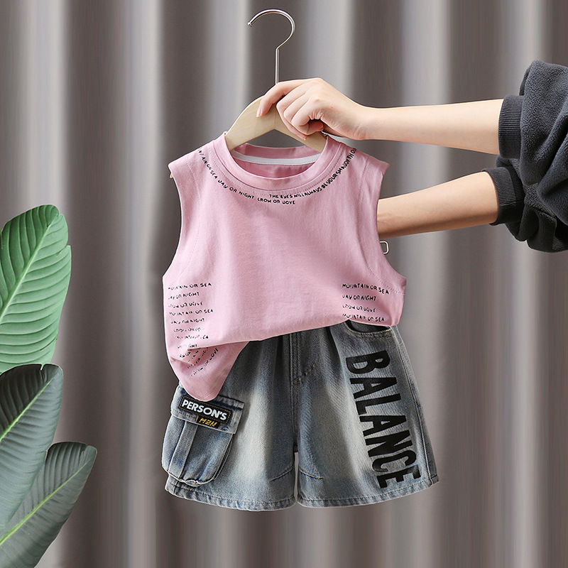 7267 Traje de verano para niños Estilo occidental Chaleco rosa sin mangas de verano para niños Pantalones cortos de mezclilla 2025 Nueva marca de moda