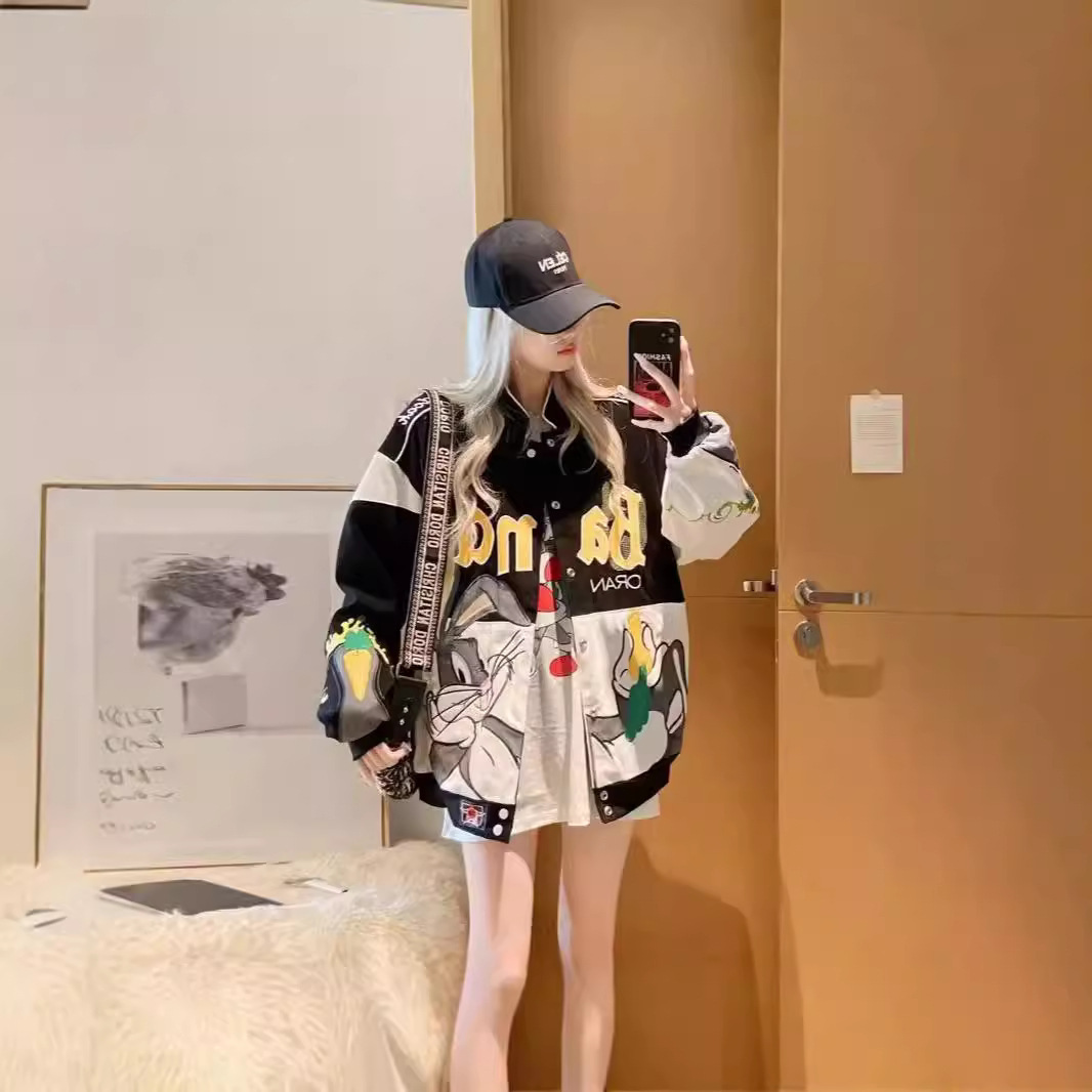 Trendy brand jacket, 2025 new American baseball jacket, women's spring and autumn cartoon embroidery motorcycle loose cross-border women's clothing