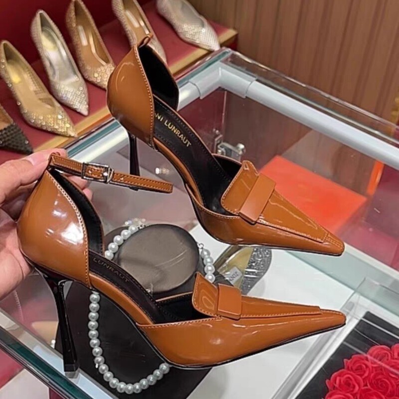 Yang Shulin 2025 Early Spring New High Heel Shoes Women's Sexy Black Leather Small Square Buckle Side Empty Elegant Thin Heel Shoes