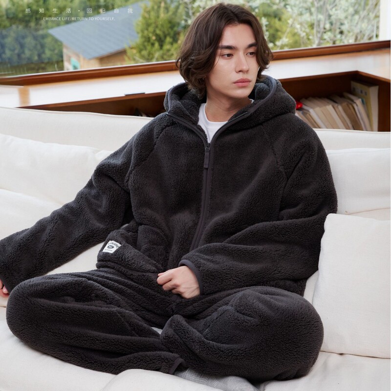 908 hooded zippered winter men's pajamas, fleece-lined and thickened, plus-size set, coral fleece loungewear for men, Keshika