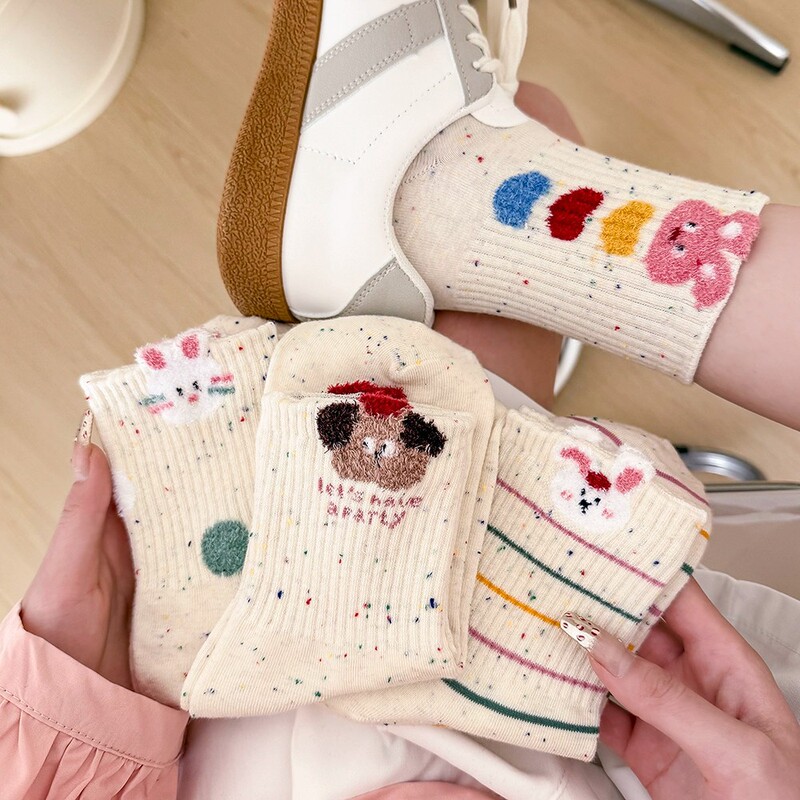 Cute Bunny Socks for Women, Pure Cotton, Spring and Summer Mid-Tube Cotton Socks, Dotted Yarn, Cartoon Personality Women's Socks, Zhuji Socks