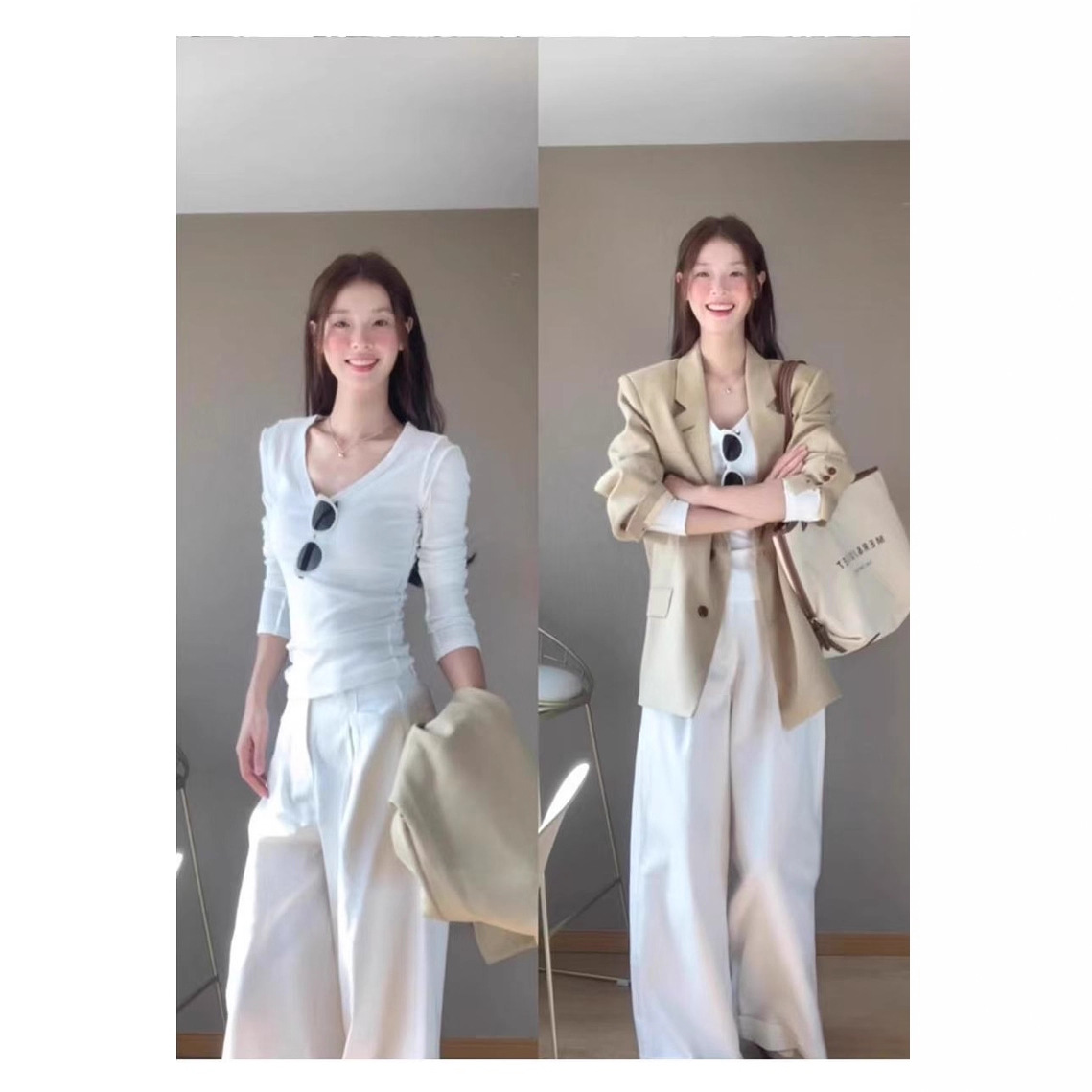 白色西装内搭长袖t恤打底衫女开春装小上衣修身v领正肩2025春秋季