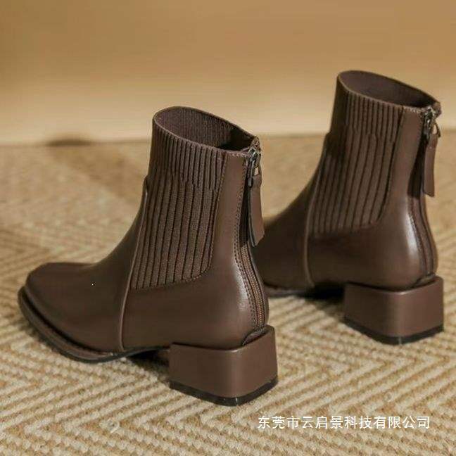 French-Style Brown High-Heeled Short Boots, Chunky Heel Slim Boots, Ankle Boots, Sock Boots, Women's Martin Boots, Spring Chelsea Boots, Melard