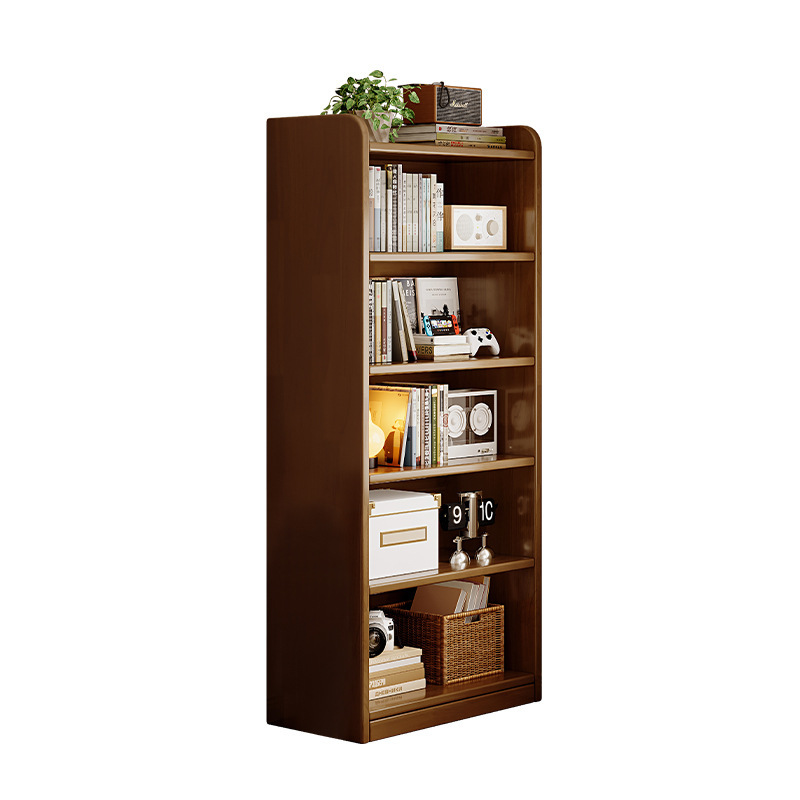 Estante de madera sólida, estante de piso, estante de almacenamiento integrado contra la pared, color de nuez, costura estrecha, armario de almacenamiento, gabinete de biblioteca doméstico