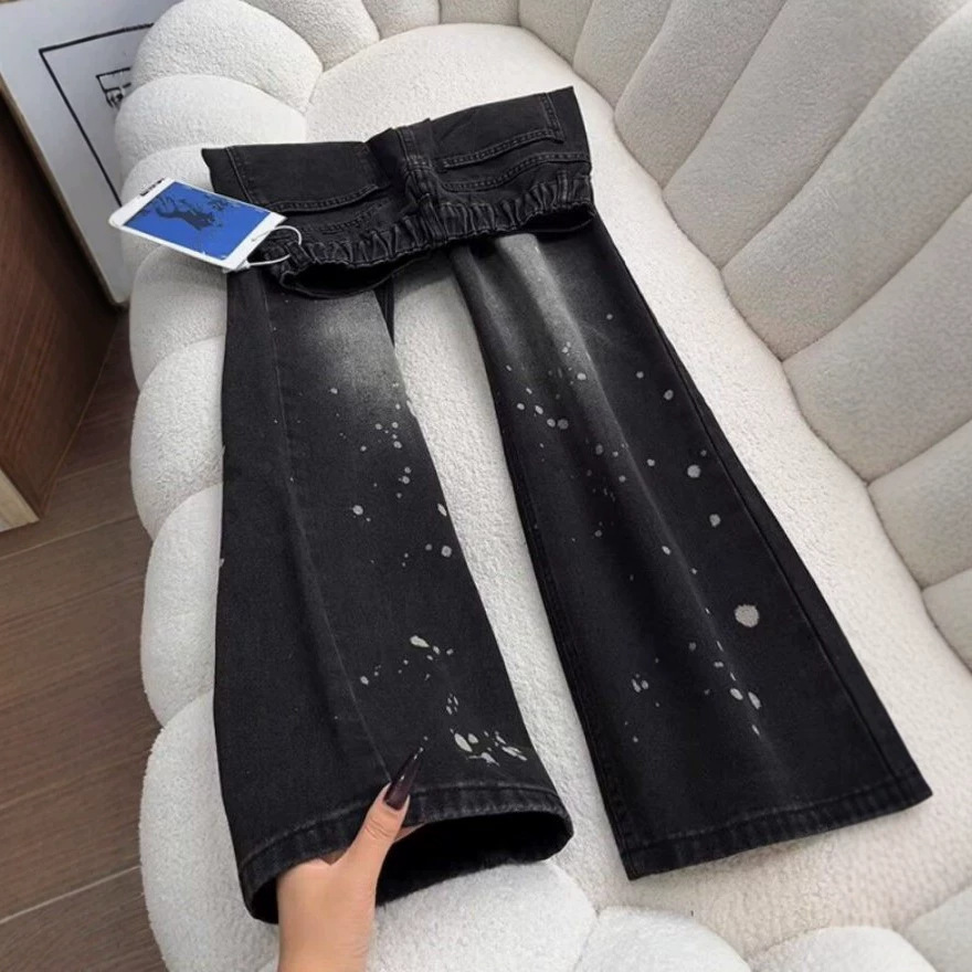 Men's Black Washed Denim Jeans Clean Fit Straight Leg Paint Splatter Print Vintage High Street Vibe Versatile Styling Base_voghion.com
