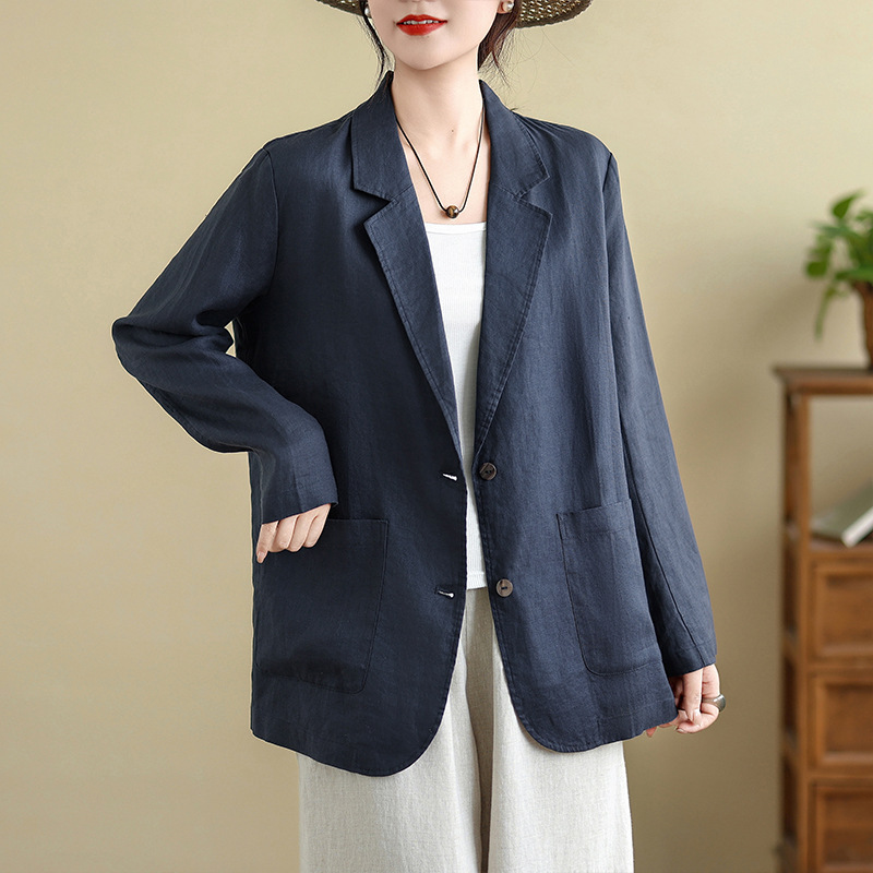 实拍现货春秋季新款长袖棉麻小西装亚麻宽松贴口袋小西服休闲外套|undefined