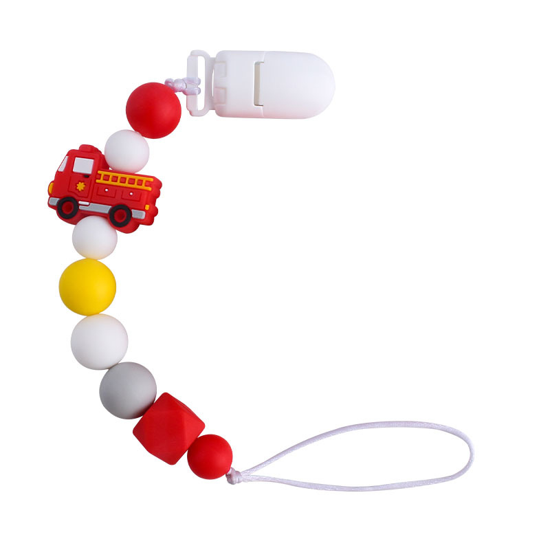 Suministros de bebé plástico clip duckbill camión bomberos juguete mordedor bebé calmante silicona chupete cadena dientes