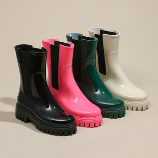 Cross-border platform shoes water boots mid-calf high-top motorcycle rain boots rain boots Women's plastic Chelsea fashion women's water shoes