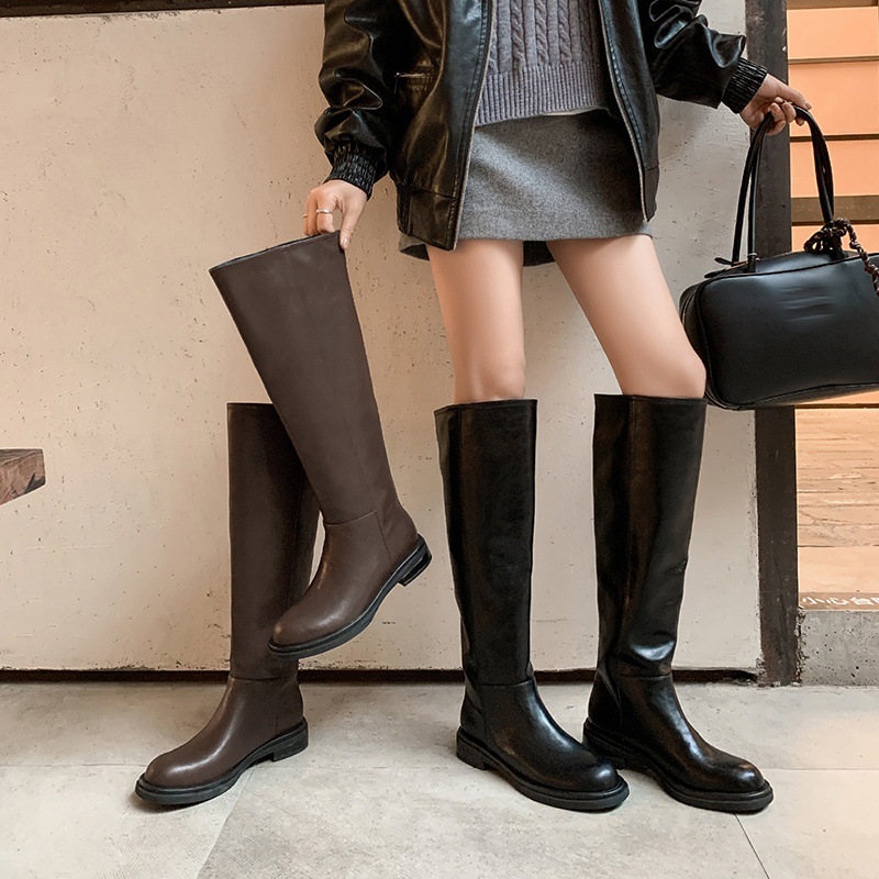 极简风粗跟圆头高筒骑士靴女不过膝大筒围长靴胖mm显瘦真皮平底靴